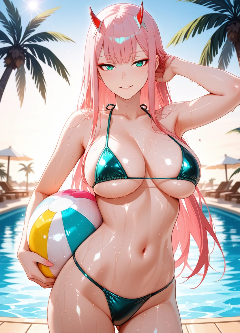 1girl, breasts, horns, zero two (darling in the franxx), bikini, ball · Yamete.gg