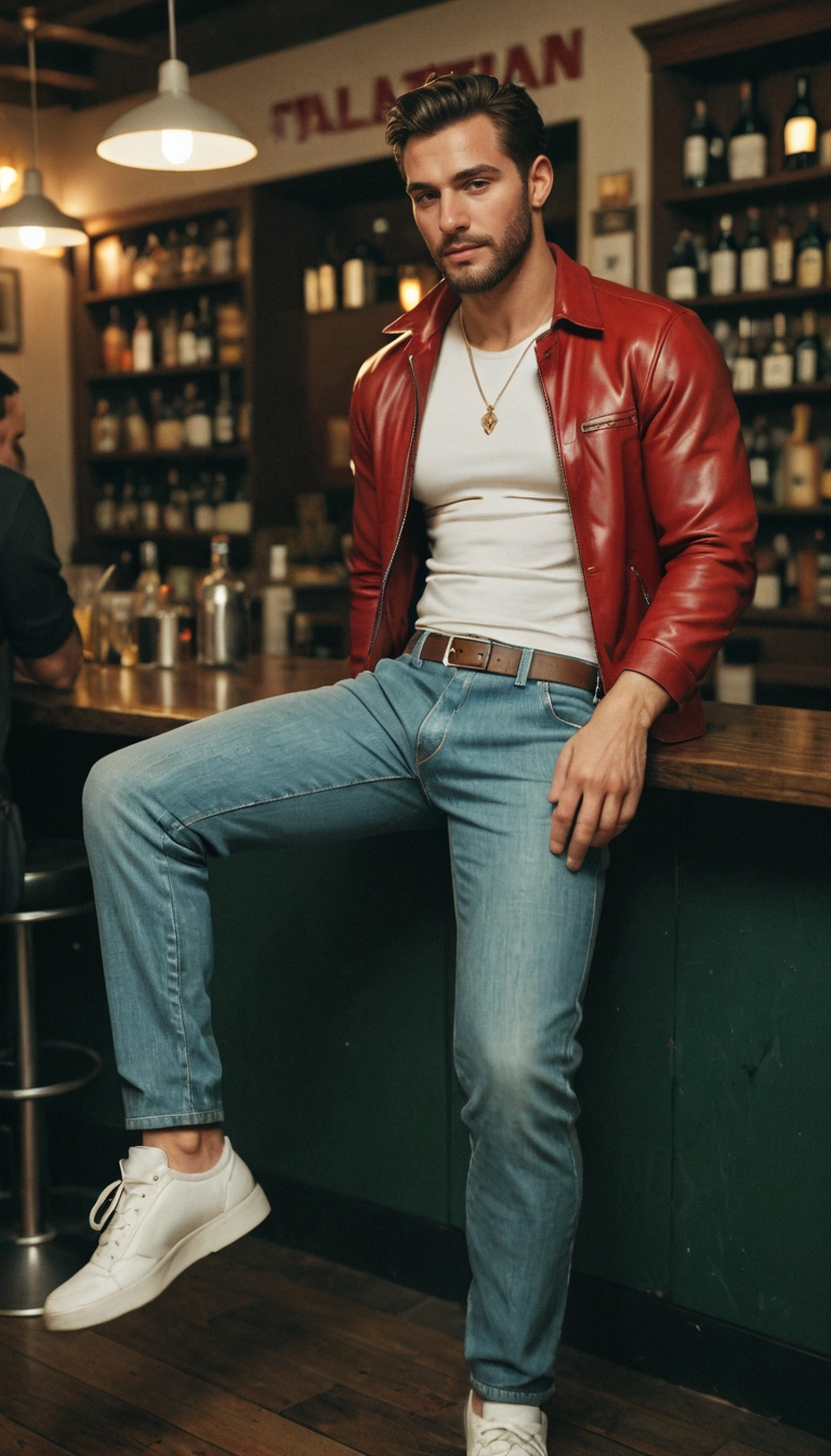 bara, bar (place), facial hair, pants, male focus, beard · Yamete.gg