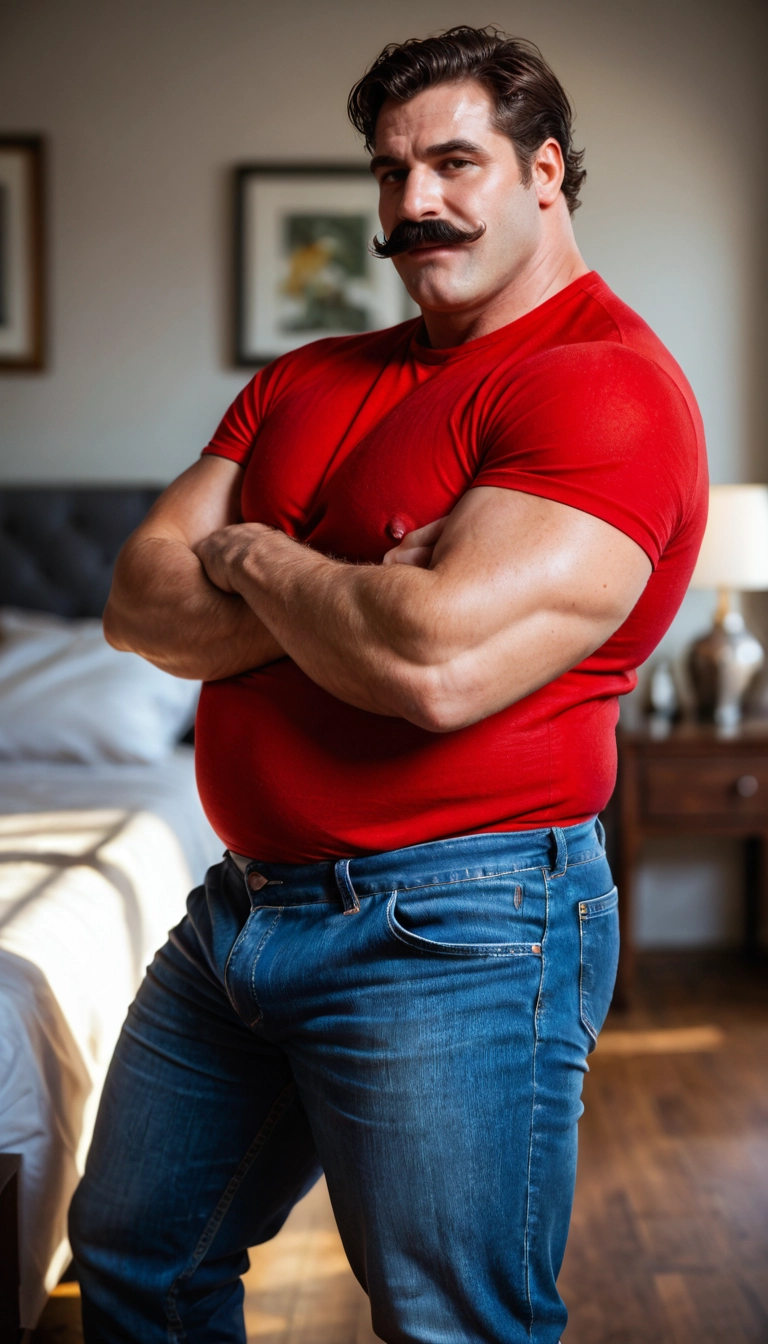 bara, 1boy, male focus, pants, muscular, facial hair