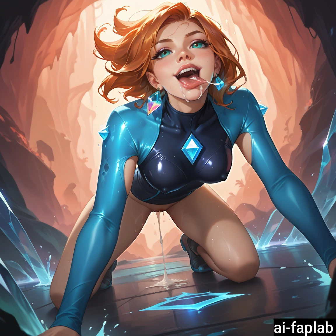 1girl, solo, jewelry, earrings, breasts, all fours · Yamete.gg