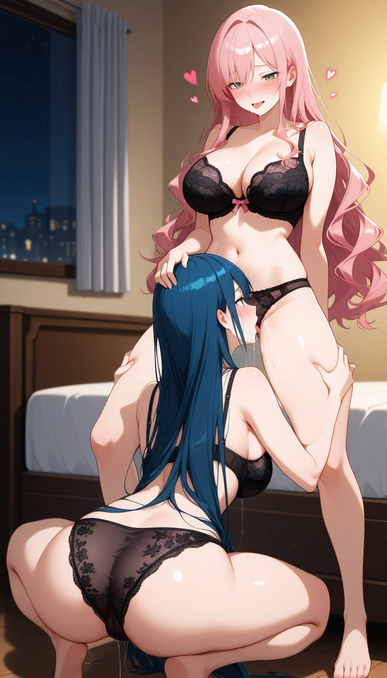 breasts, bra, hand on another's head, multiple girls, blue hair, 2girls · Yamete.gg