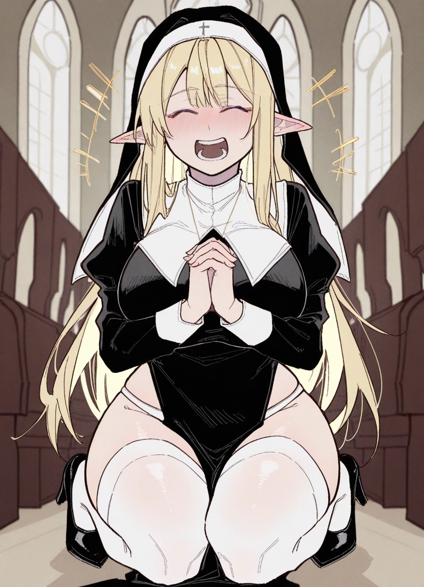 1girl, thighhighs, pointy ears, blonde hair, nun, closed eyes · Yamete.gg