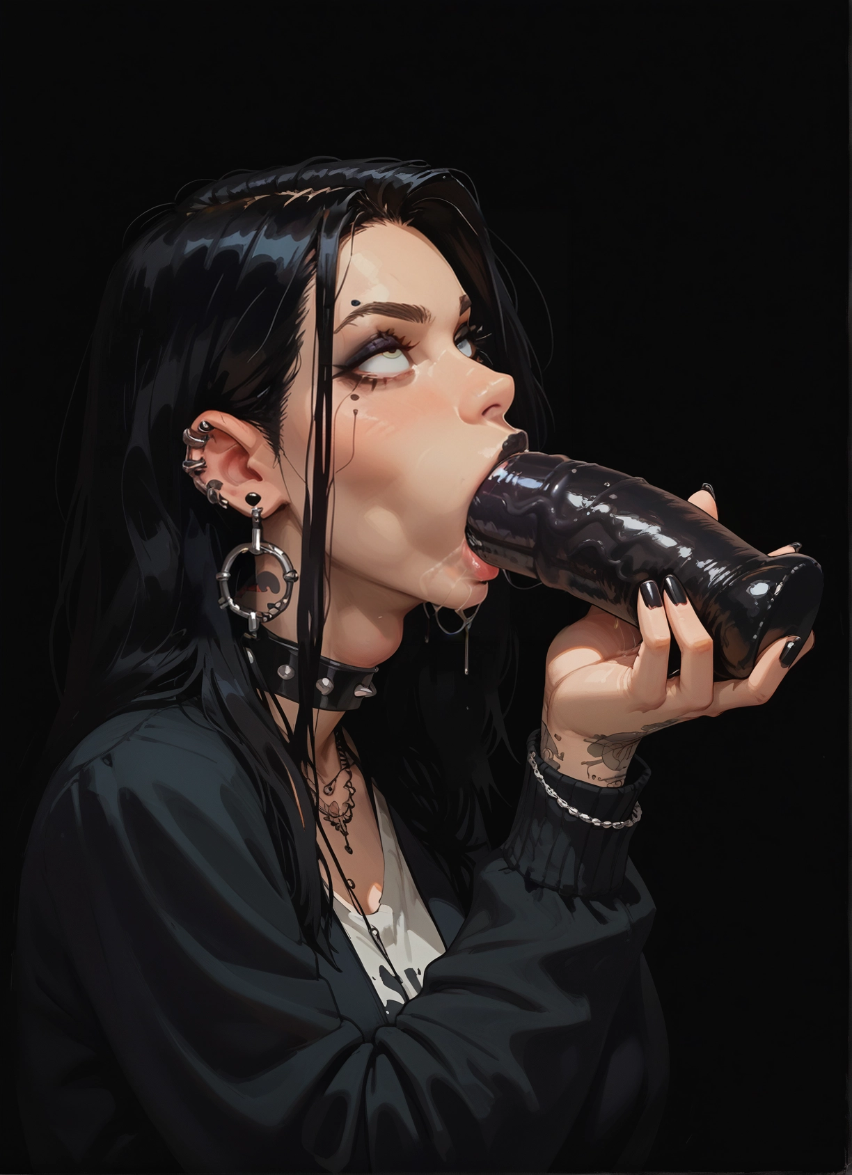 1girl, black hair, jewelry, piercing, oral, solo · Yamete.gg