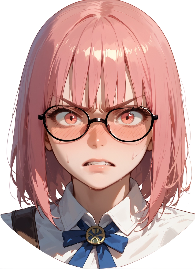 1girl, solo, glasses, pink hair, blush, white background · Yamete.gg