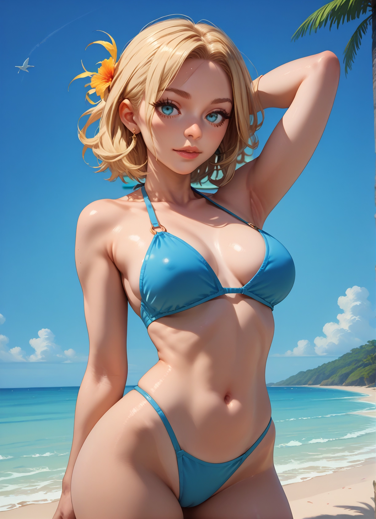1girl, breasts, swimsuit, outdoors, navel, solo