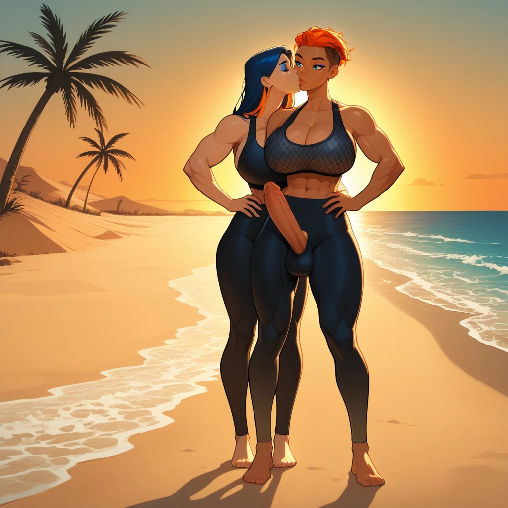 futanari, beach, multiple girls, 2girls, muscular female, muscular · Yamete.gg