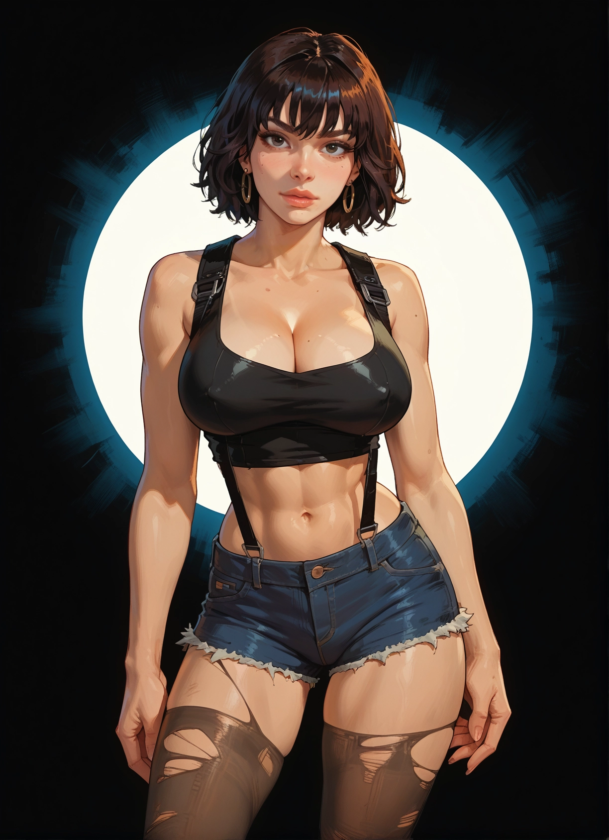 1girl, breasts, jewelry, shorts, earrings, torn clothes · Yamete.gg