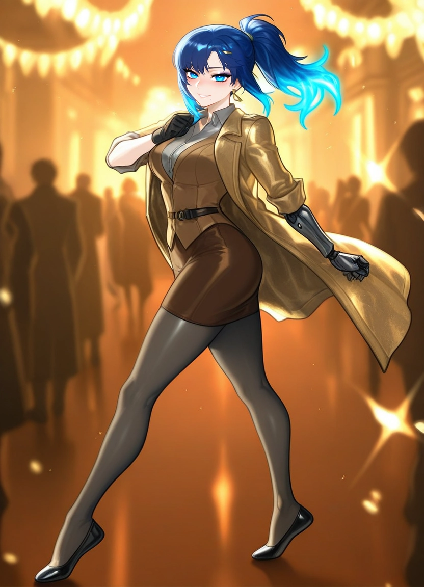 1girl, leona heidern, blue hair, jewelry, blue eyes, pantyhose · Yamete.gg