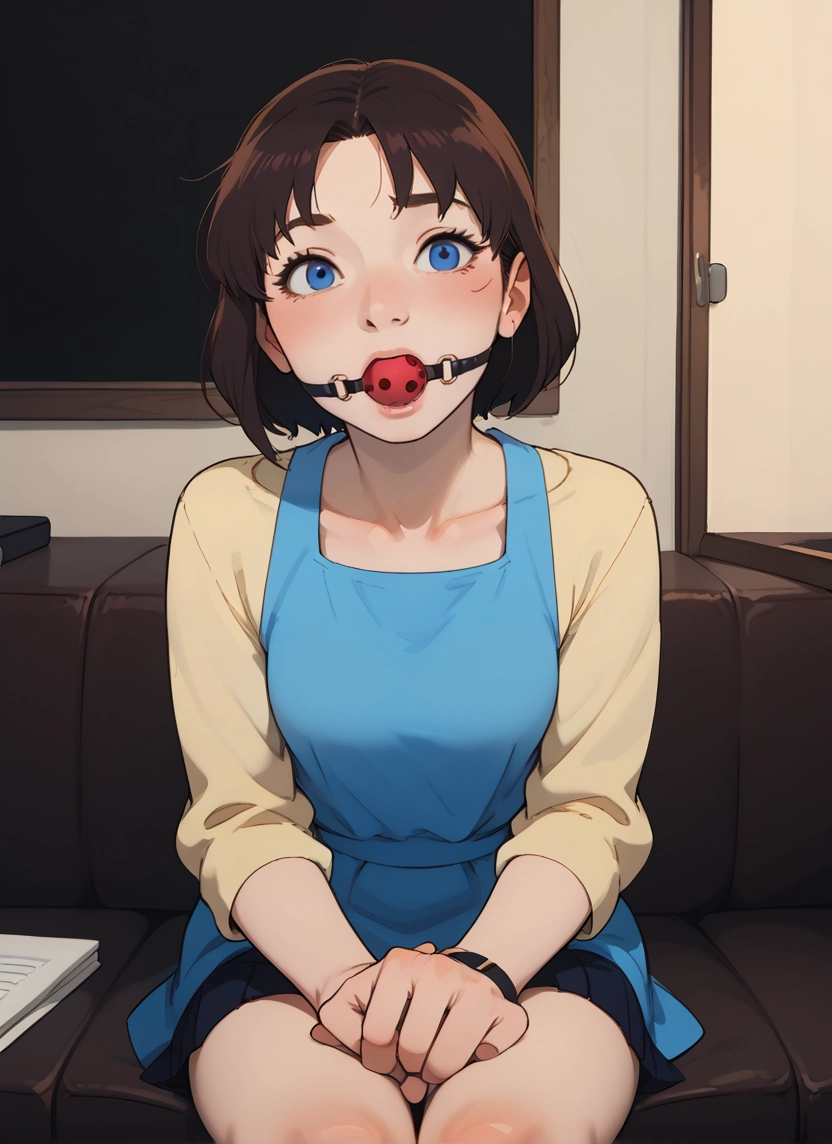 1girl, ball gag, gag, solo, brown hair, blue eyes