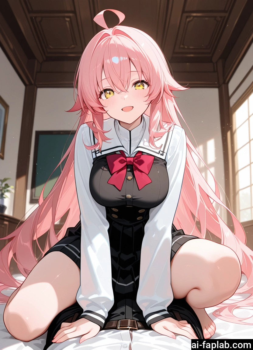 1girl, pink hair, long hair, breasts, yellow eyes, open mouth