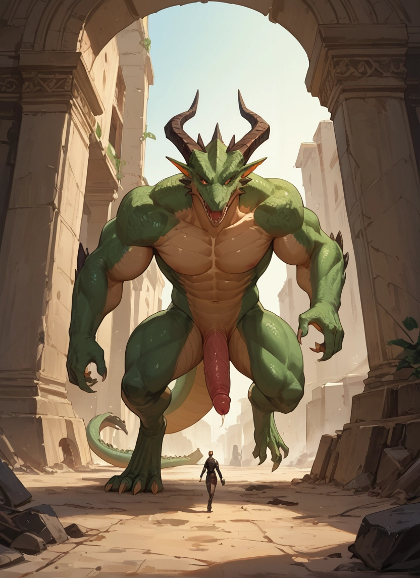 horns, male focus, 1boy, penis, green skin, outdoors