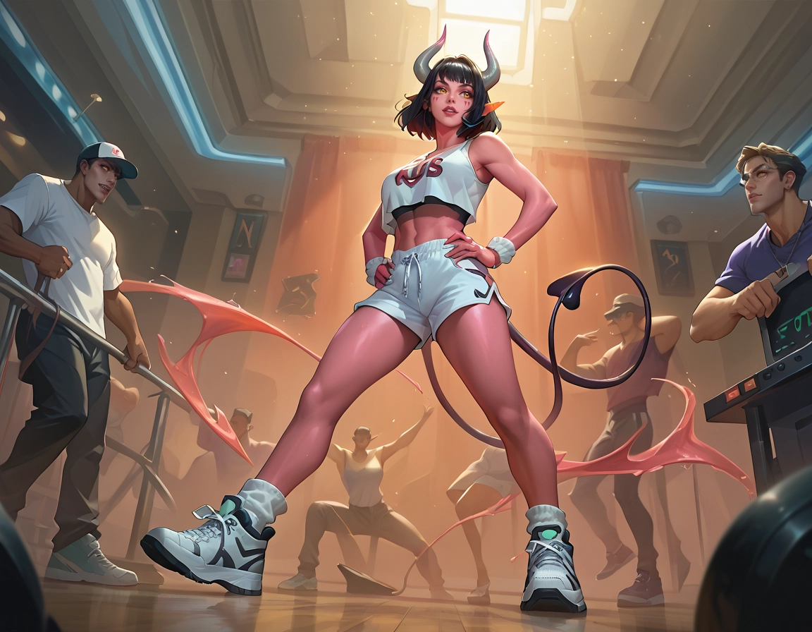 1girl, demon girl, demon tail, horns, tail, indoors · Yamete.gg
