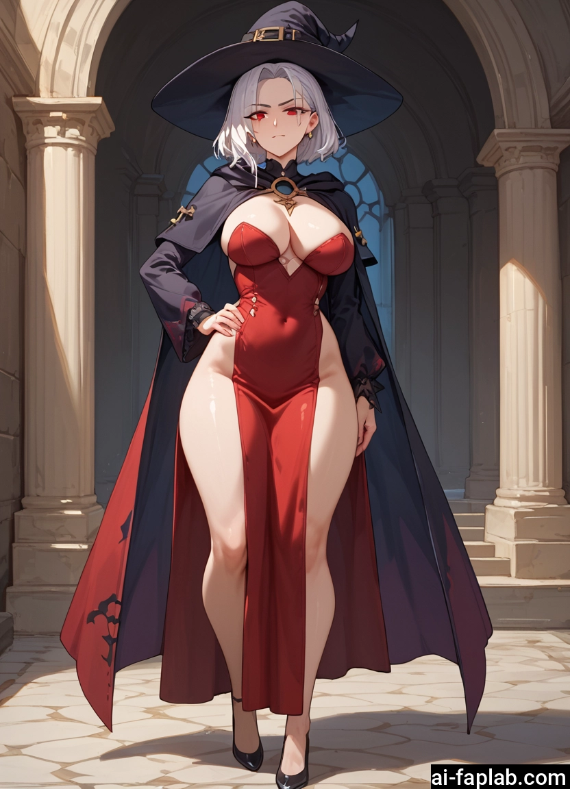 1girl, breasts, hat, red eyes, witch hat, dress
