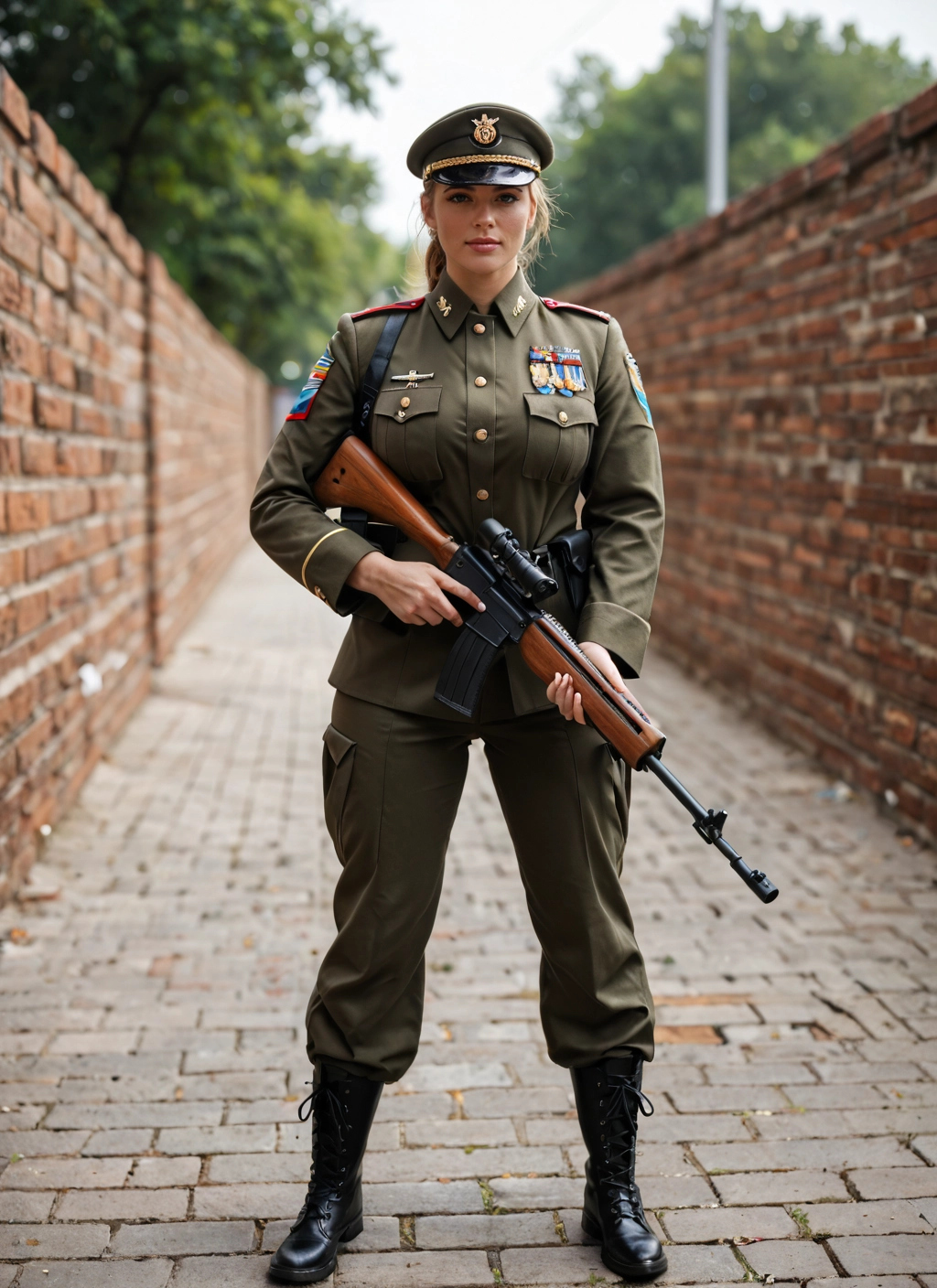 weapon, gun, solo, rifle, 1girl, uniform