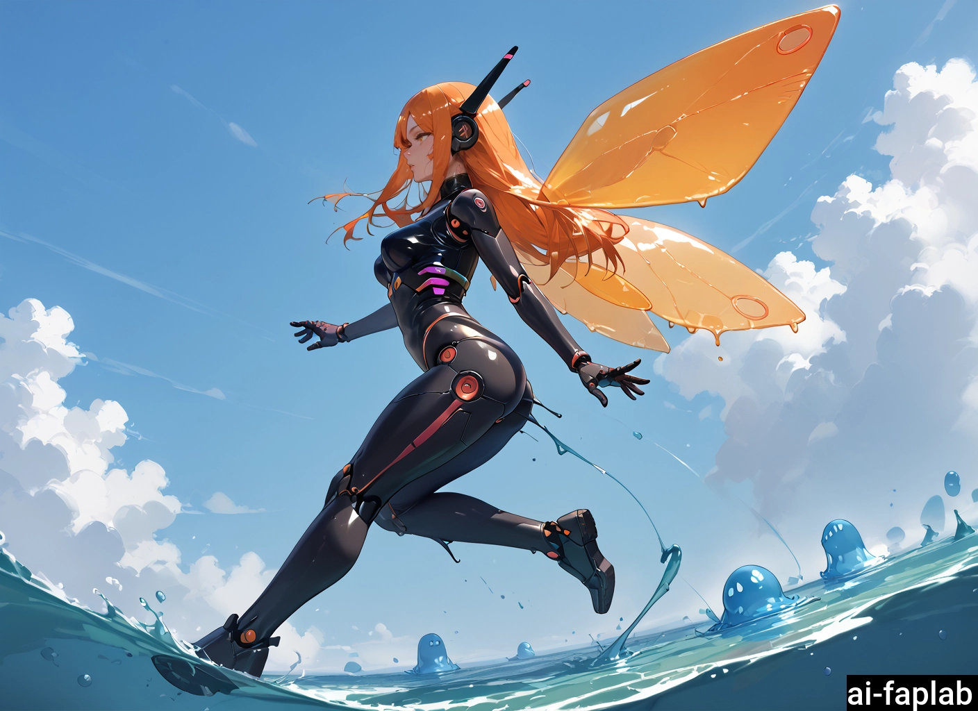 1girl, long hair, bodysuit, wings, cloud, orange hair · Yamete.gg