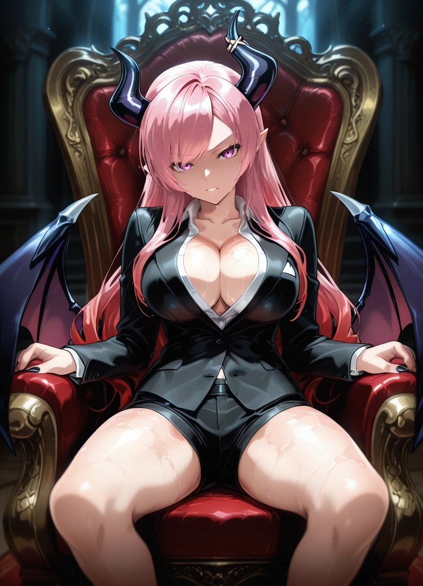 1girl, breasts, solo, pink hair, horns, large breasts · Yamete.gg