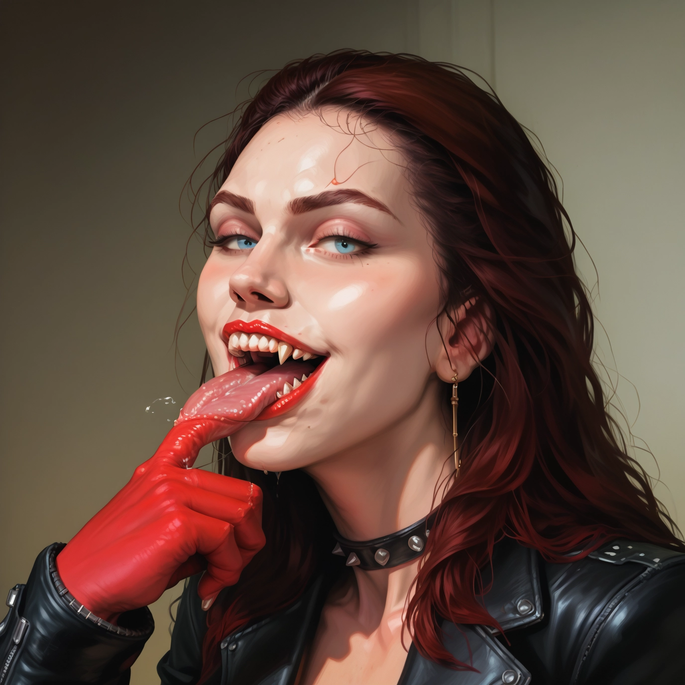 1girl, solo, tongue, gloves, blue eyes, mole