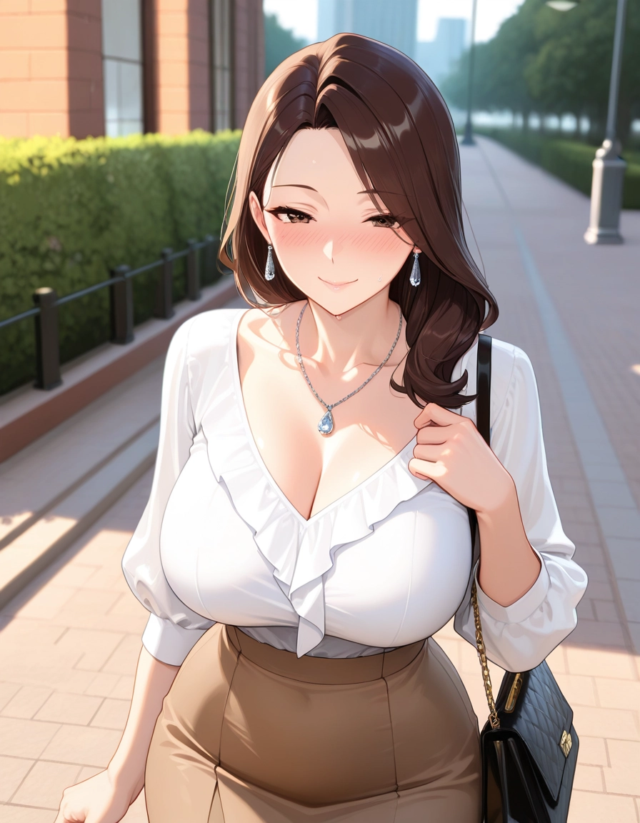 1girl, breasts, jewelry, skirt, cleavage, shirt · Yamete.gg