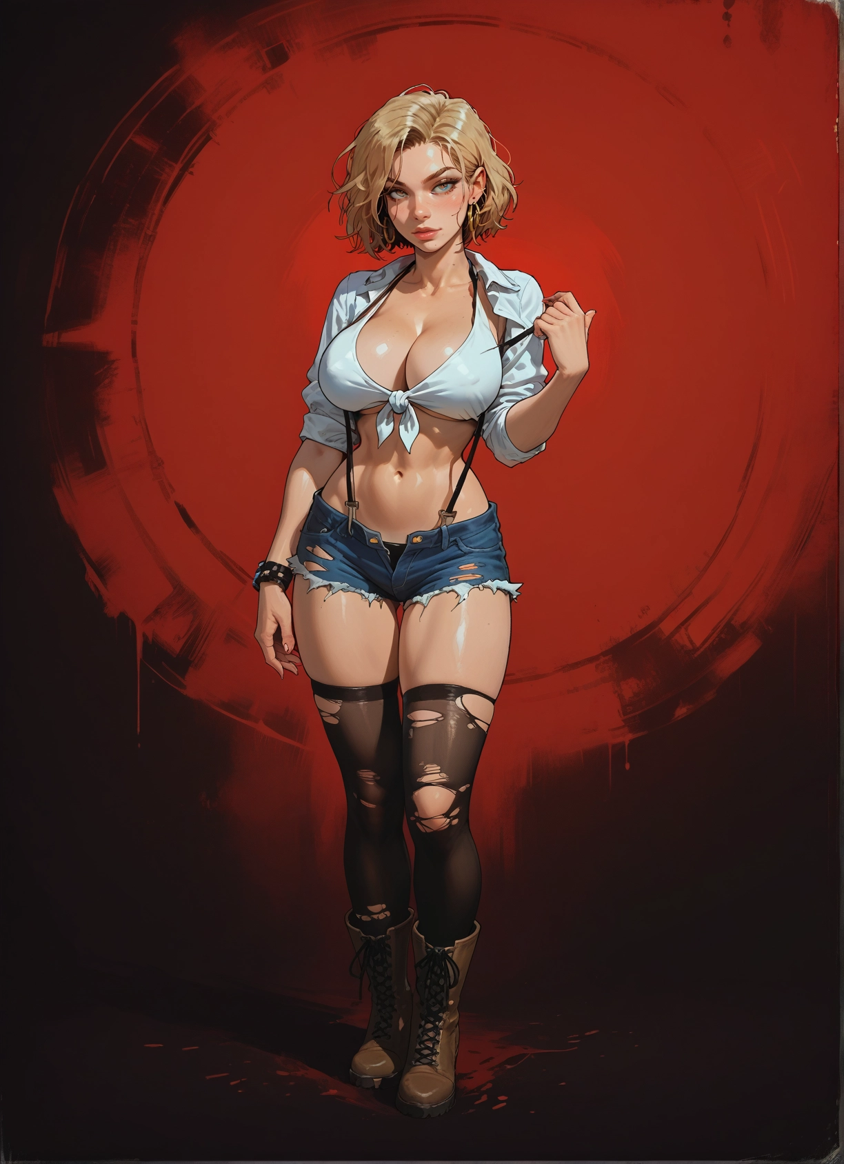 1girl, breasts, thighhighs, solo, blonde hair, shorts · Yamete.gg
