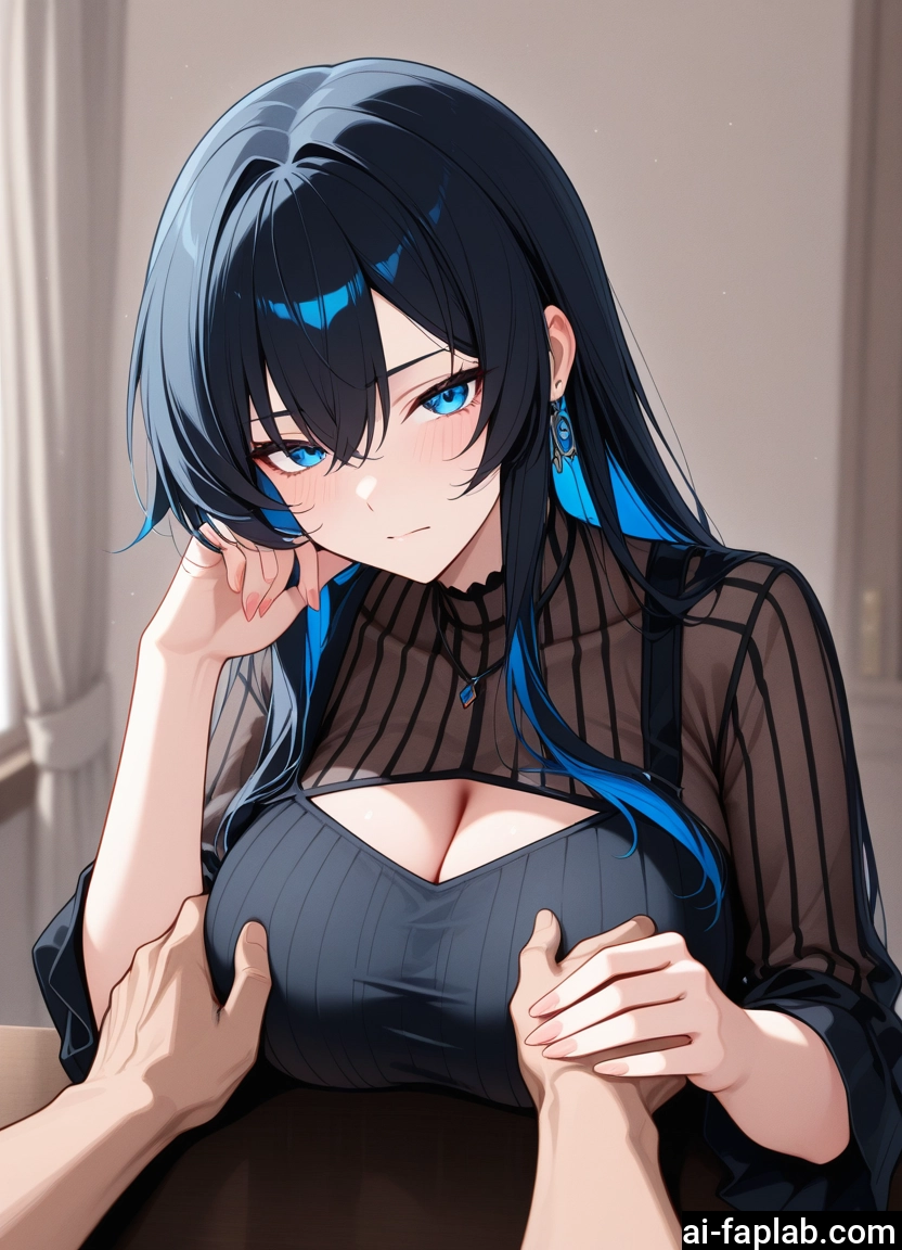 breasts, 1girl, cleavage, blue eyes, black hair, jewelry · Yamete.gg