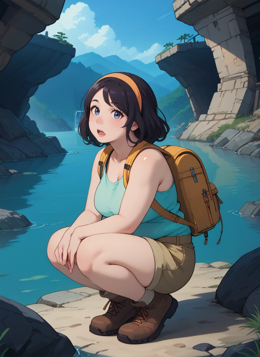 1girl, backpack, bag, solo, squatting, outdoors