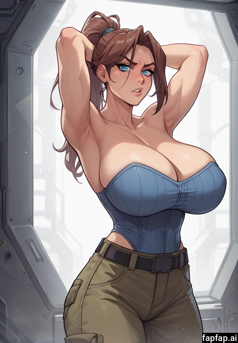 1girl, breasts, armpits, brown hair, blue eyes, cleavage · Yamete.gg