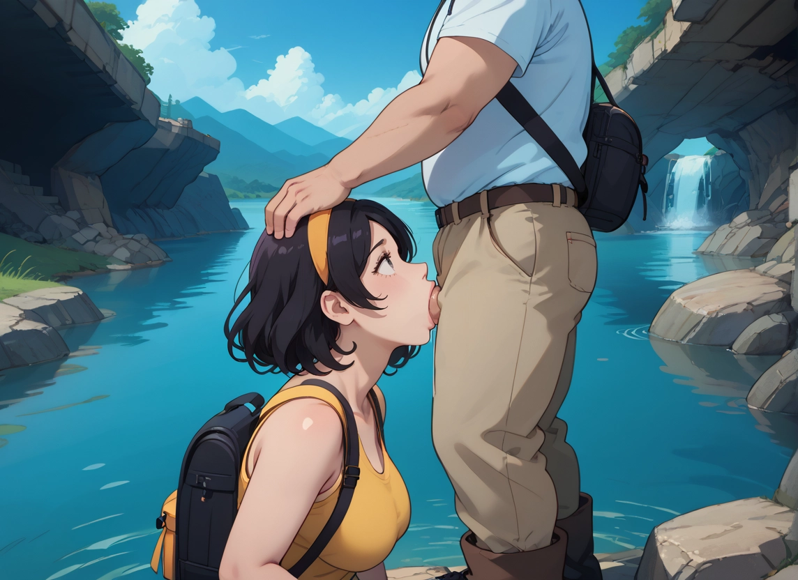 1girl, hetero, 1boy, breasts, black hair, short hair