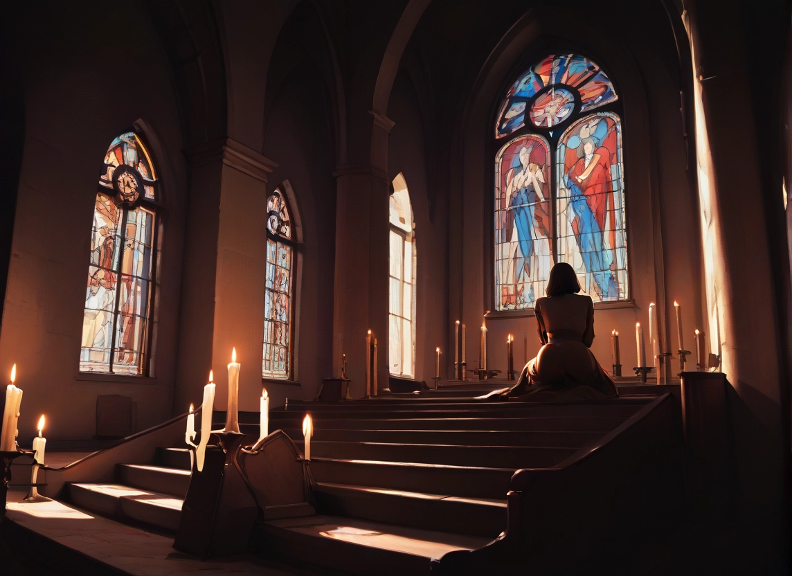 candle, stairs, stained glass, solo, indoors, 1girl