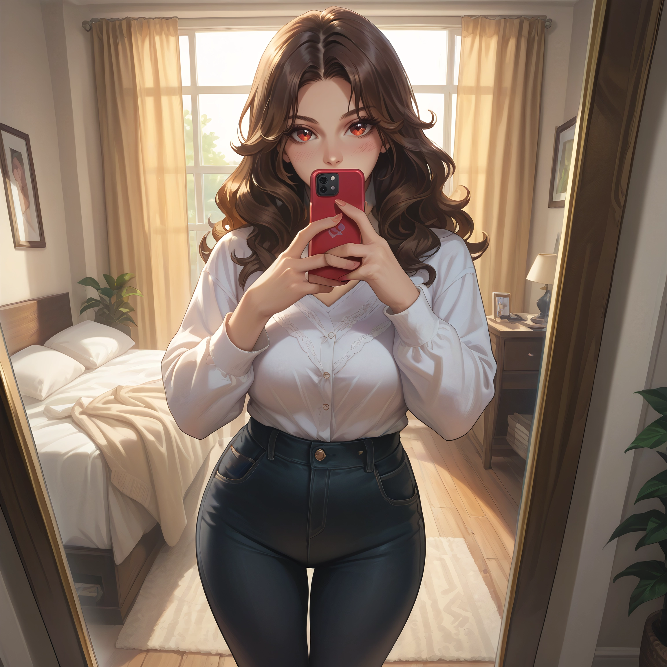 1girl, phone, brown hair, pants, cellphone, solo · Yamete.gg
