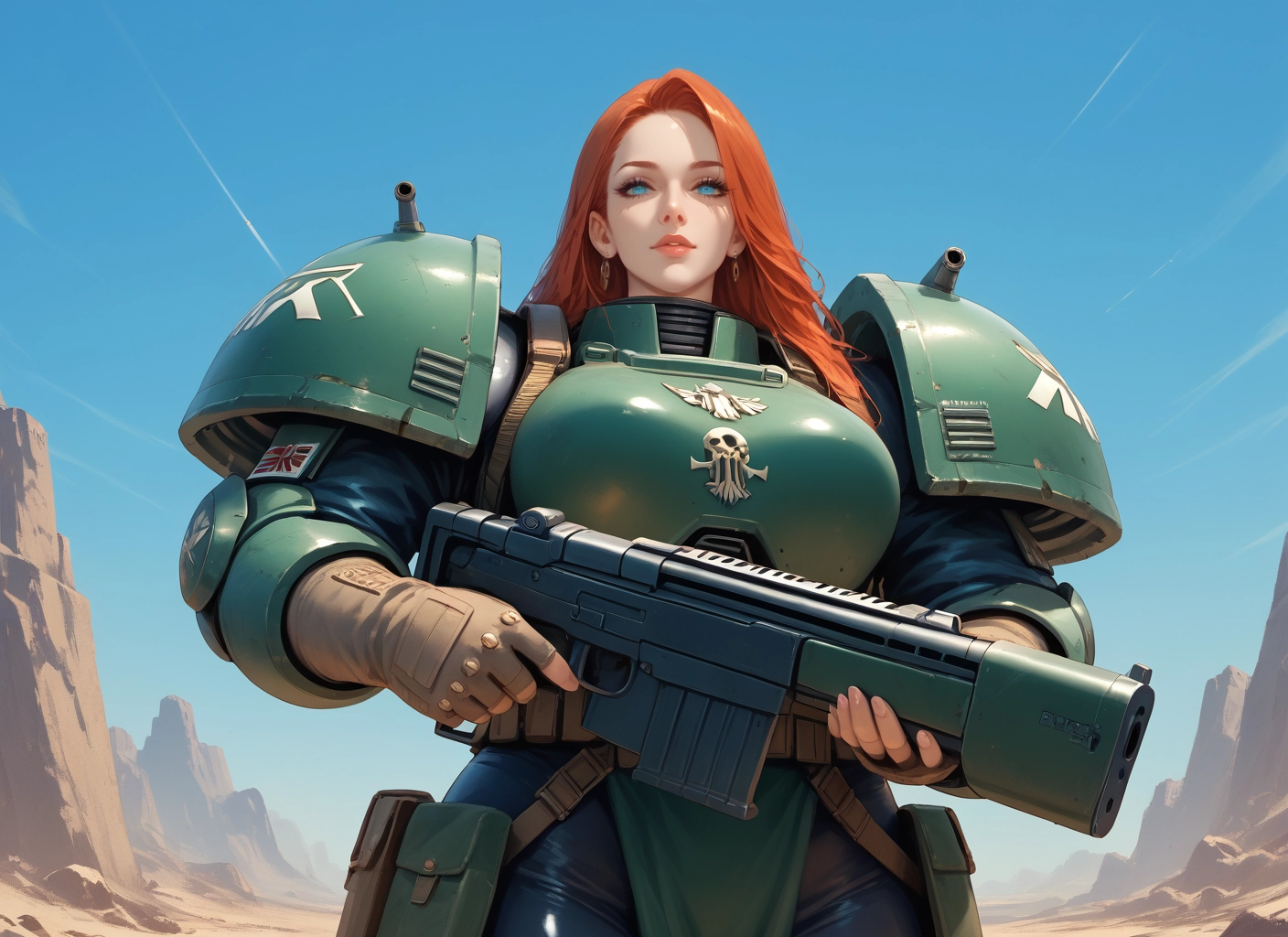 1girl, weapon, gun, jewelry, blue eyes, solo · Yamete.gg