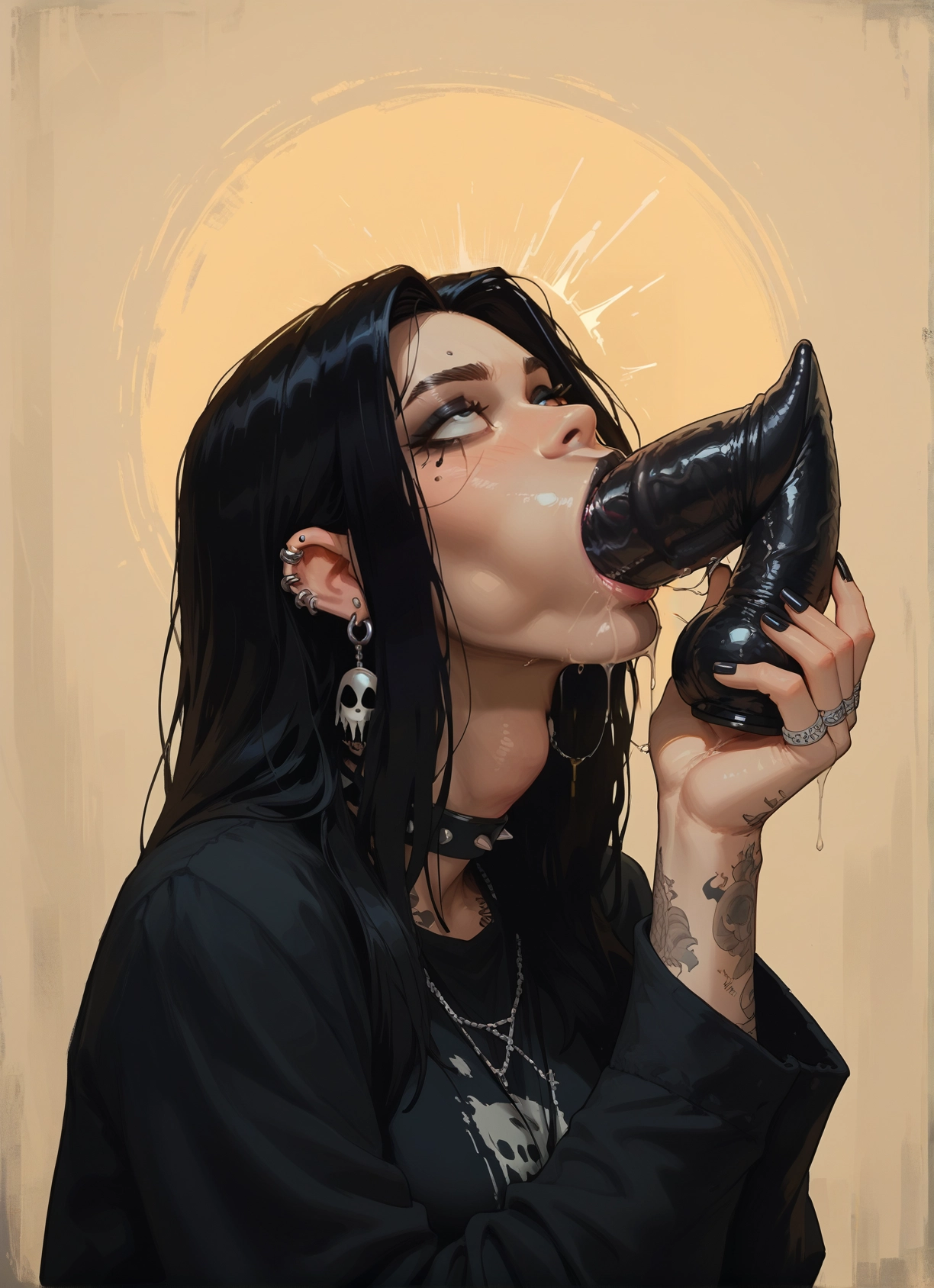 1girl, black hair, jewelry, tattoo, oral, ring · Yamete.gg