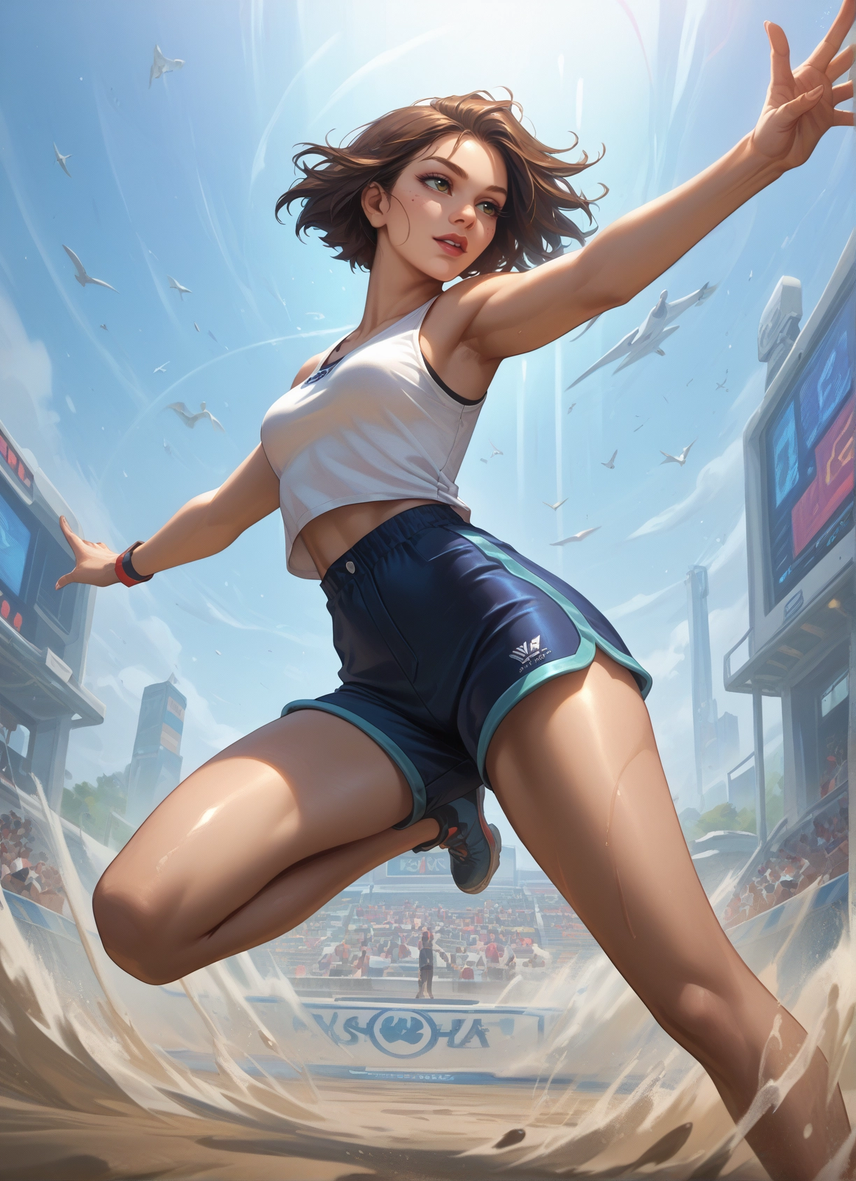 shorts, brown hair, 1girl, short hair, bird, shoes · Yamete.gg