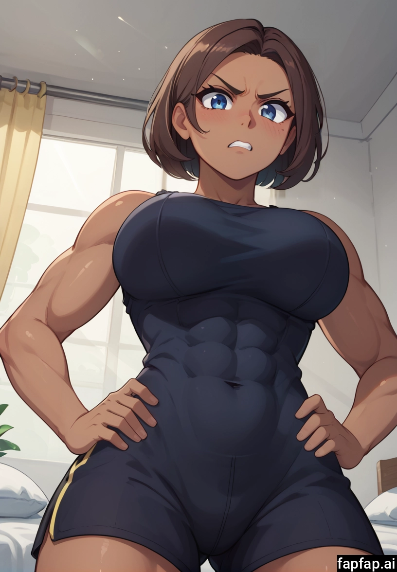 1girl, muscular female, brown hair, solo, breasts, blue eyes