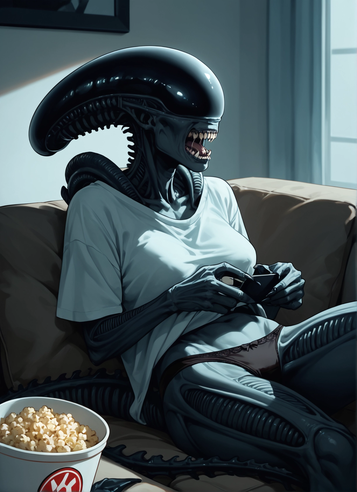 1girl, underwear, panties, shirt, popcorn, controller · Yamete.gg