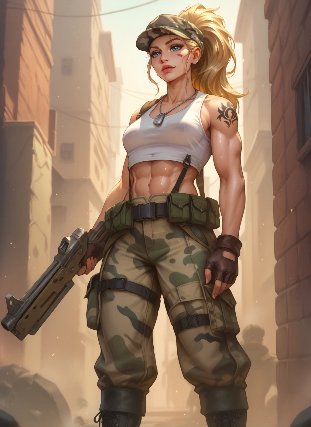 1girl, weapon, gun, gloves, blonde hair, abs · Yamete.gg