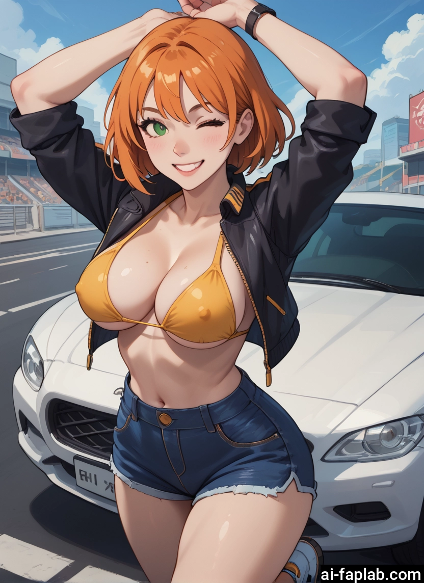 1girl, breasts, shorts, green eyes, one eye closed, swimsuit · Yamete.gg