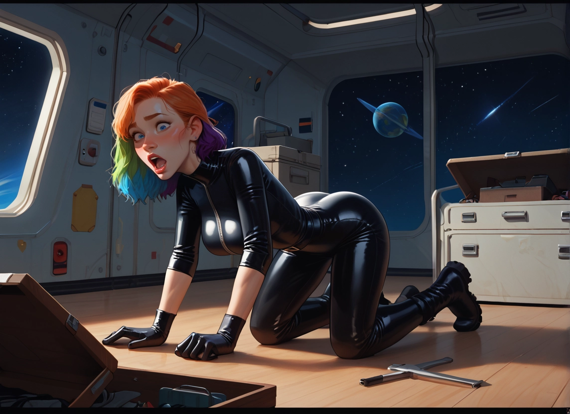 1girl, solo, multicolored hair, bodysuit, gloves, breasts · Yamete.gg