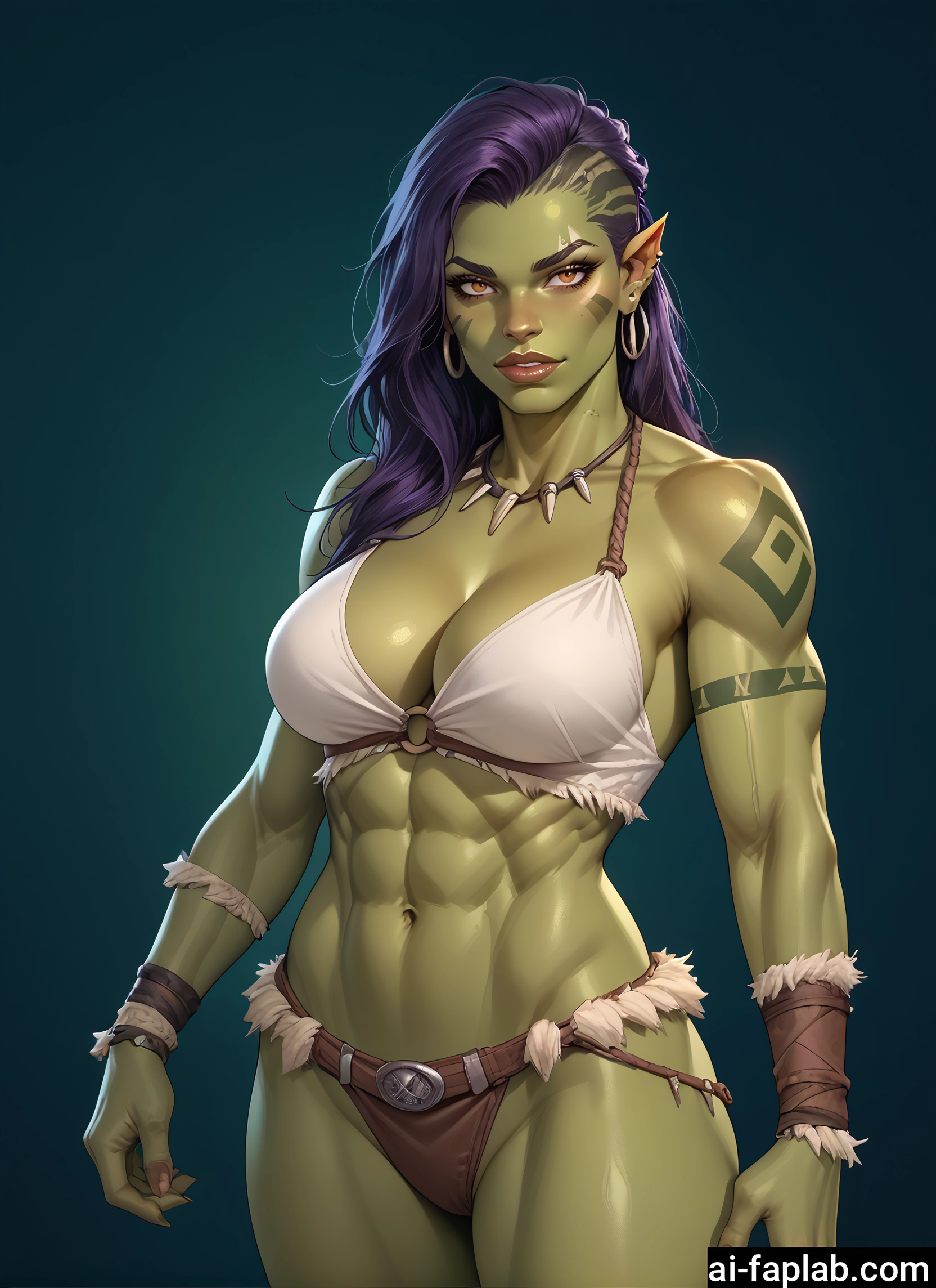 1girl, breasts, jewelry, colored skin, earrings, abs · Yamete.gg