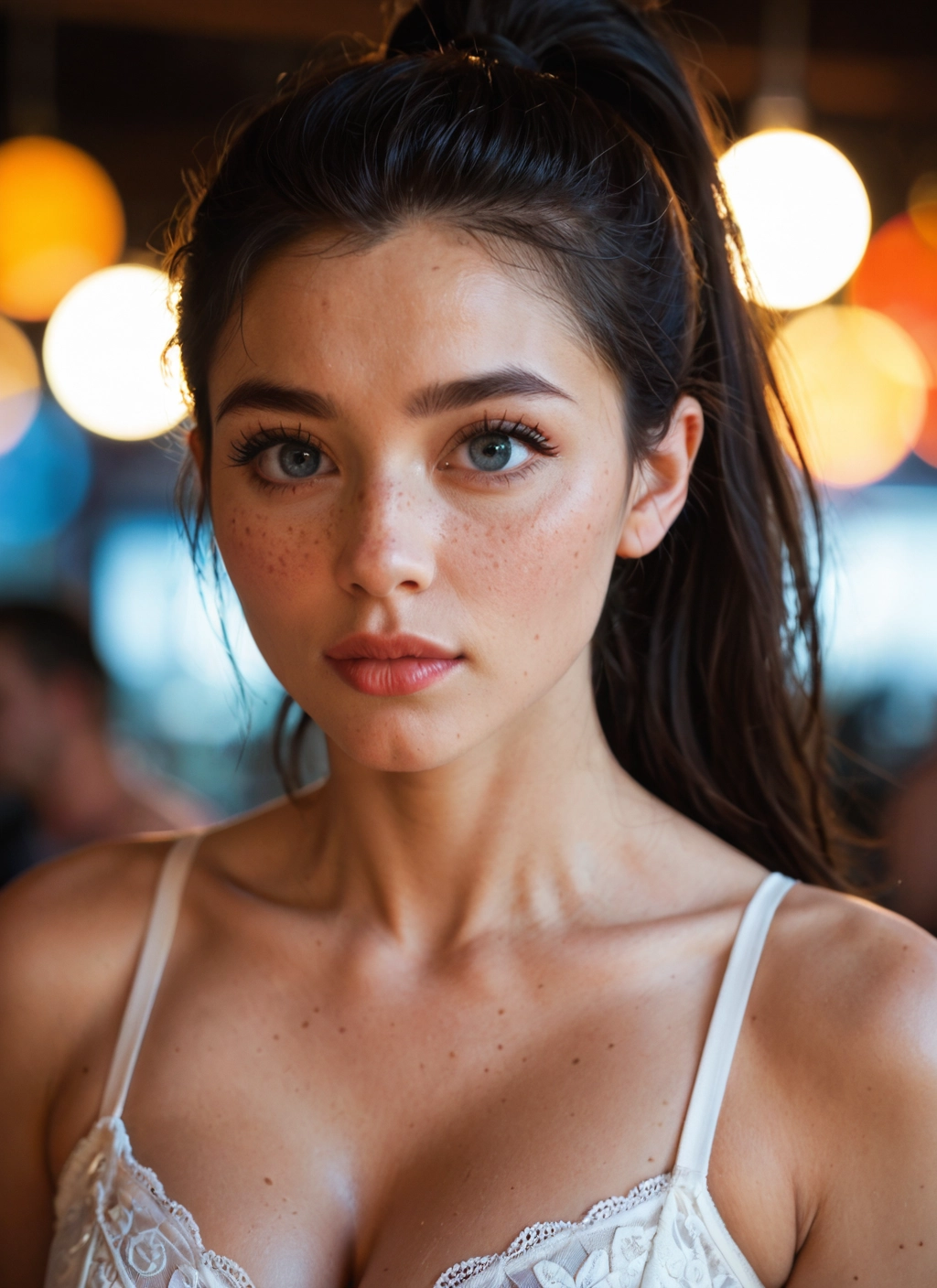 1girl, solo, breasts, freckles, cleavage, ponytail · Yamete.gg