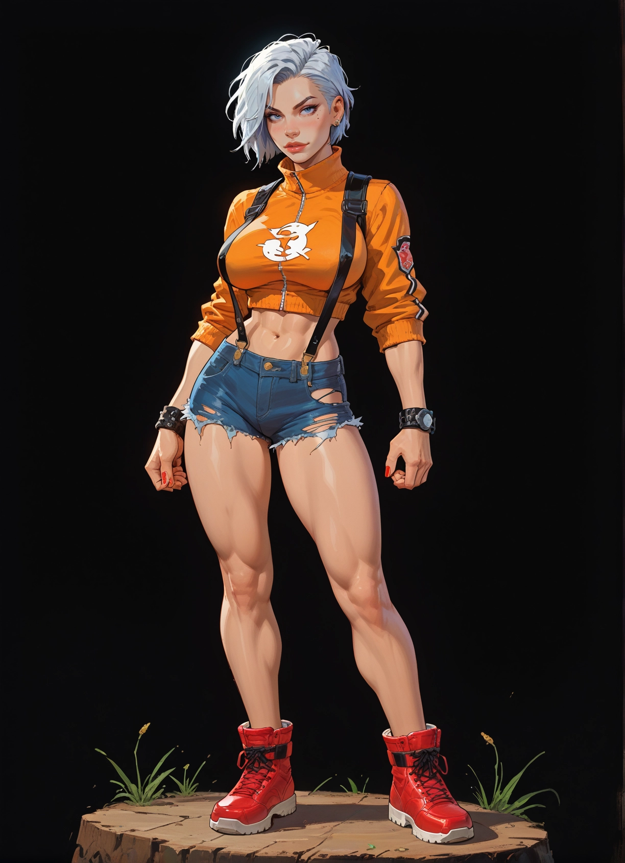 1girl, shorts, solo, breasts, navel, blue eyes · Yamete.gg