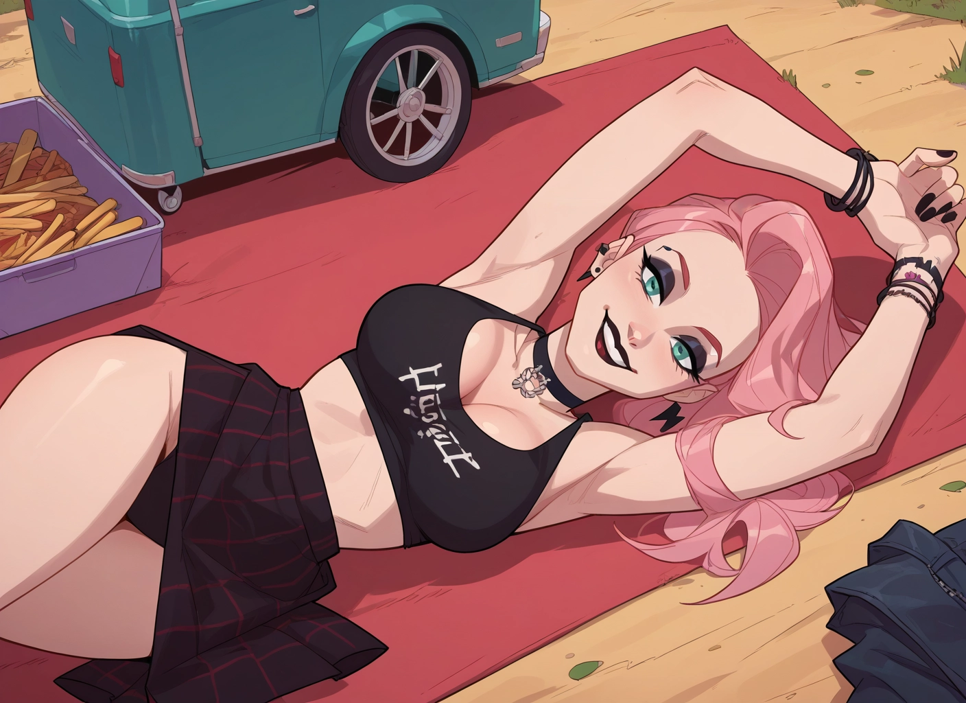 1girl, pink hair, breasts, jewelry, lying, choker · Yamete.gg