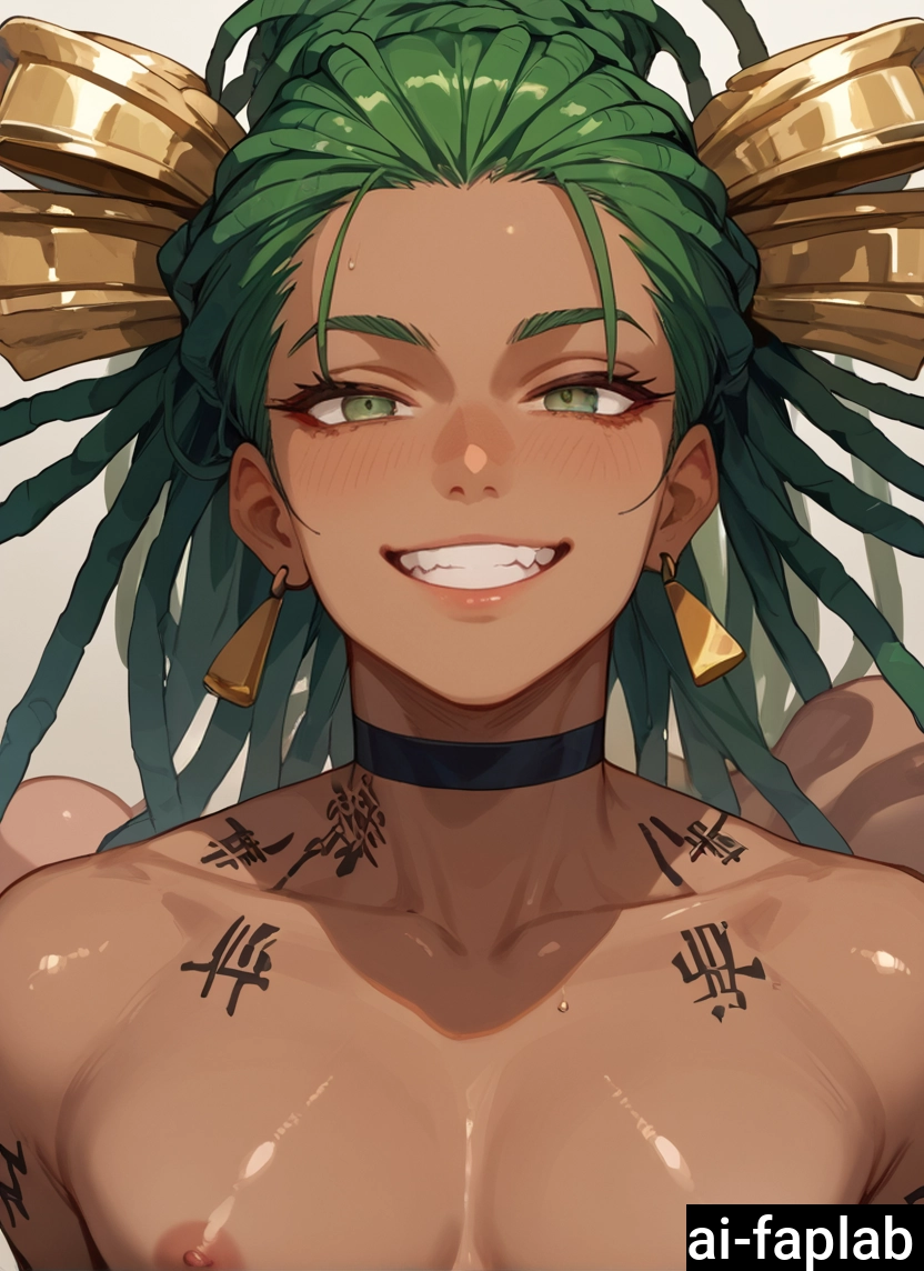 1girl, smile, green hair, green eyes, solo, choker