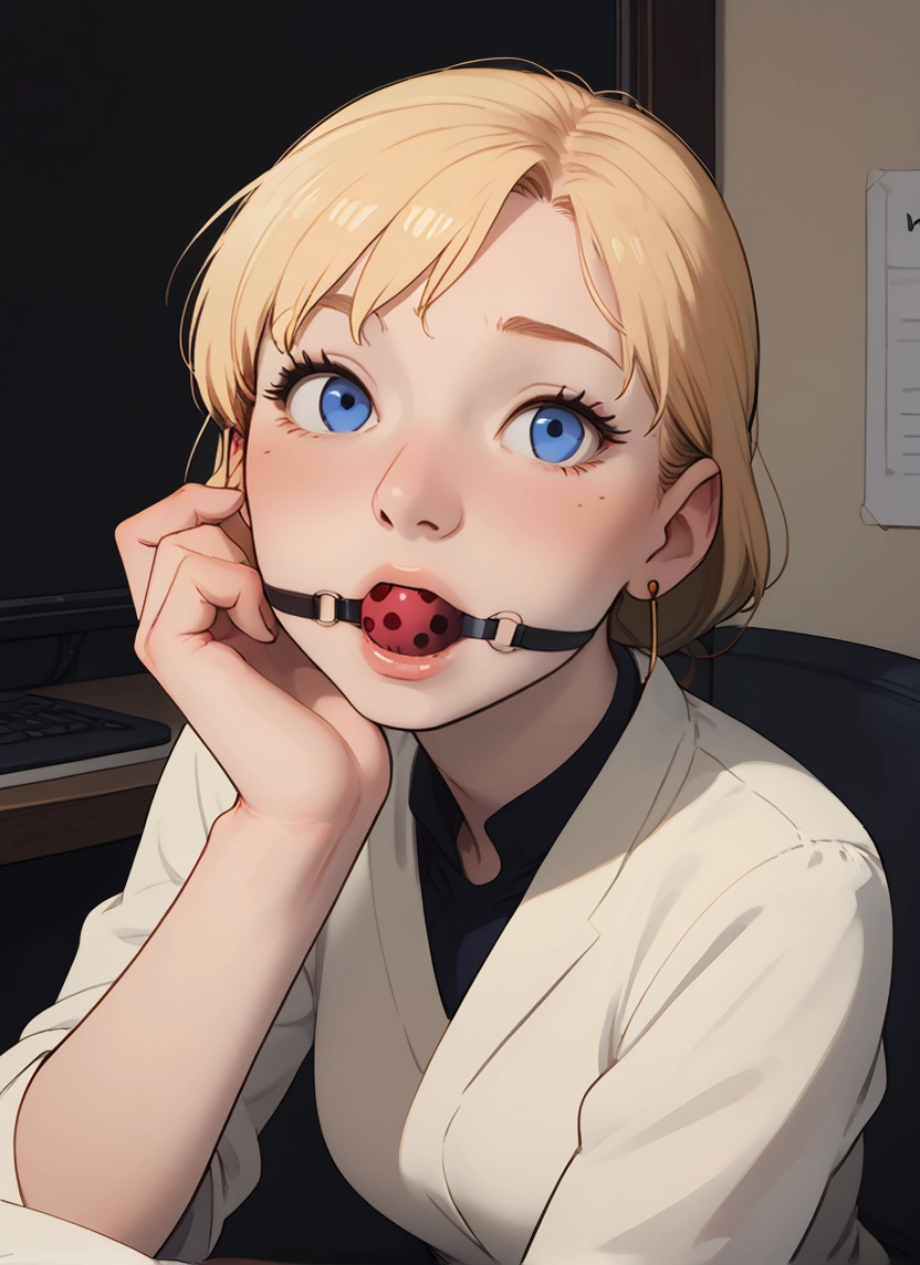 ball gag, 1girl, gag, blonde hair, solo, blue eyes