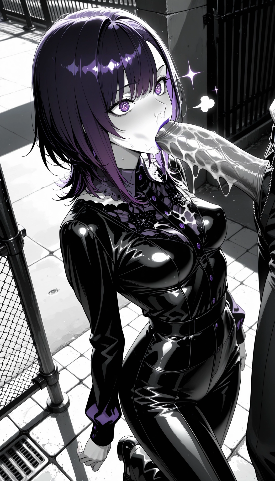 1girl, purple eyes, fellatio, oral, purple hair, penis · Yamete.gg