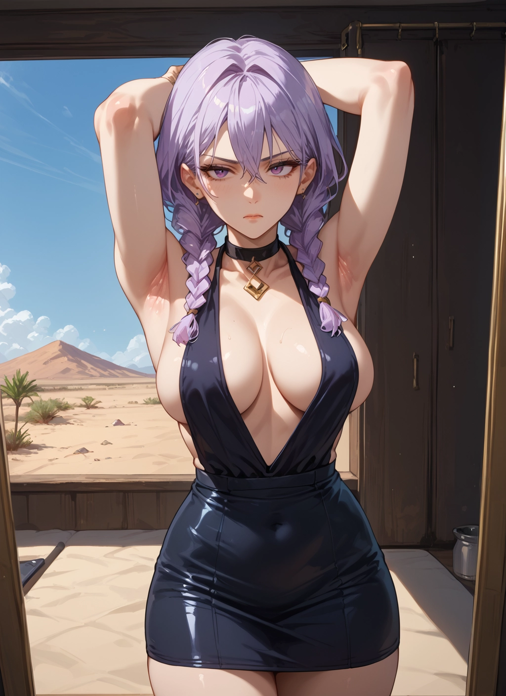 breasts, 1girl, armpits, braid, large breasts, twin braids · Yamete.gg