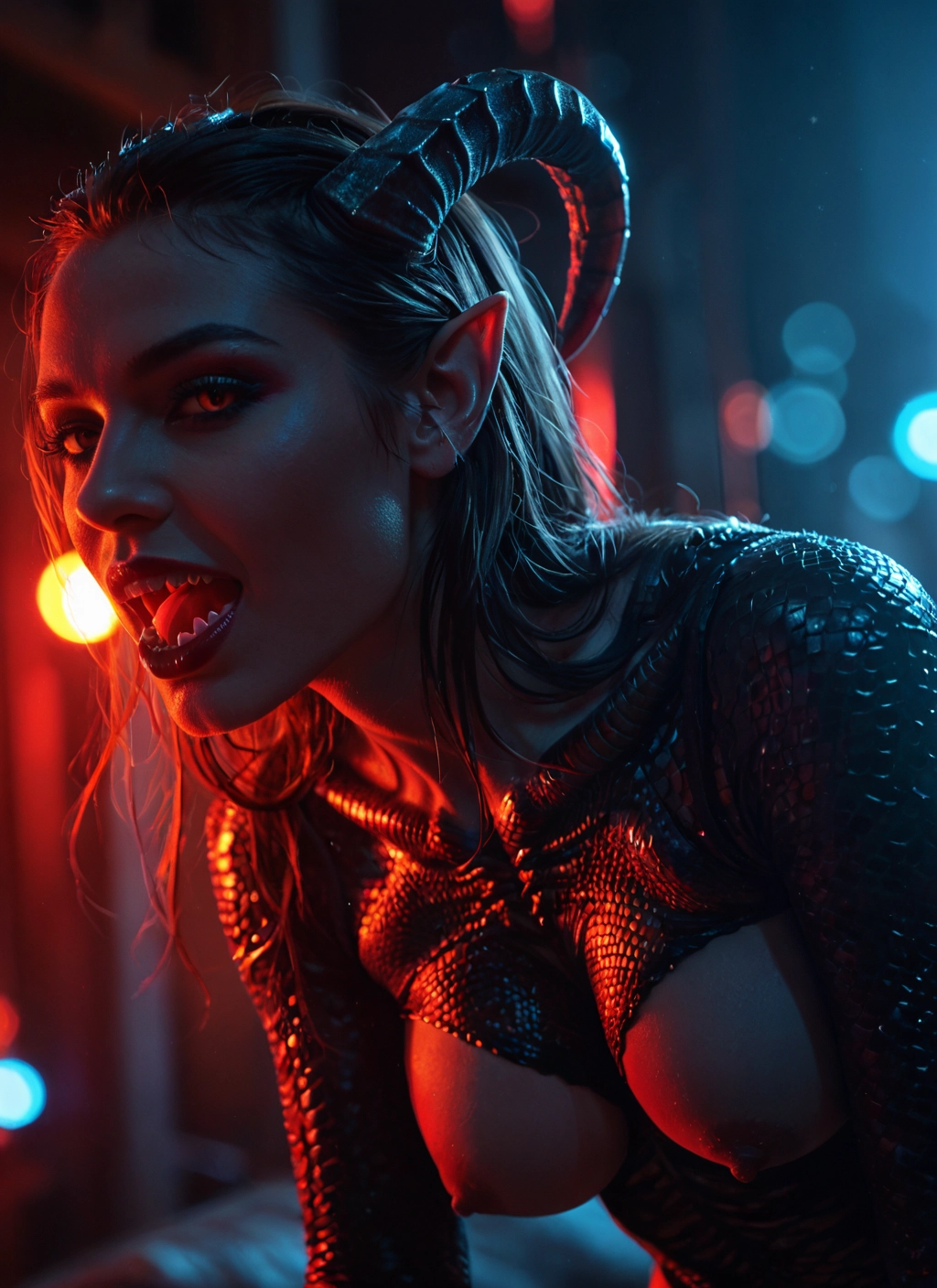 1girl, breasts, horns, nipples, solo, pointy ears · Yamete.gg