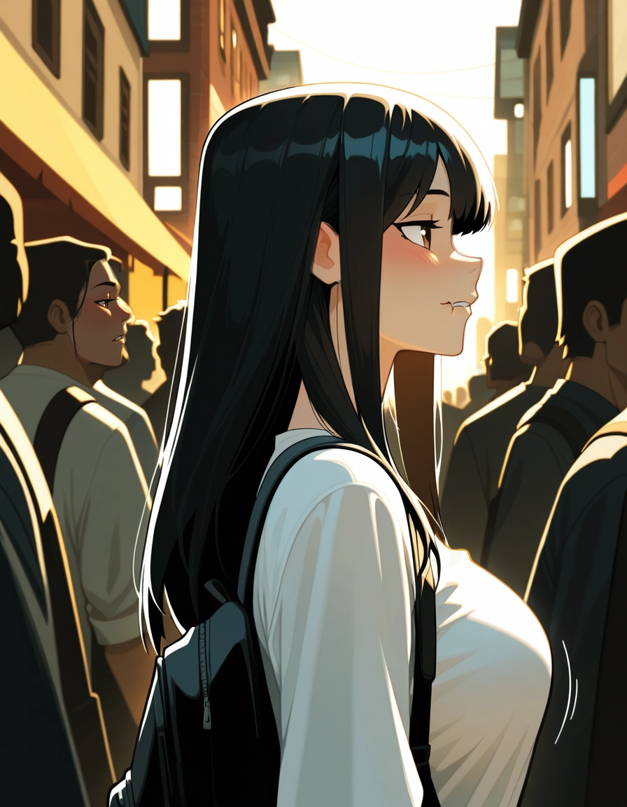 1girl, breasts, black hair, long hair, red eyes, backpack · Yamete.gg