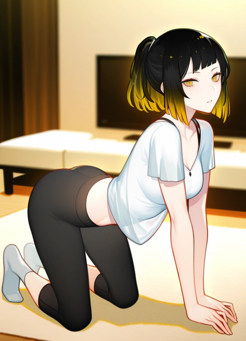 1girl, solo, looking at viewer, all fours, shirt, black hair · Yamete.gg