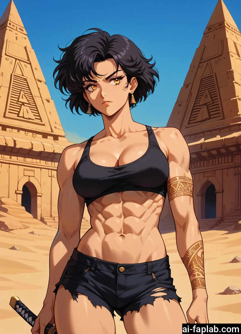 1girl, breasts, abs, muscular, short hair, shorts