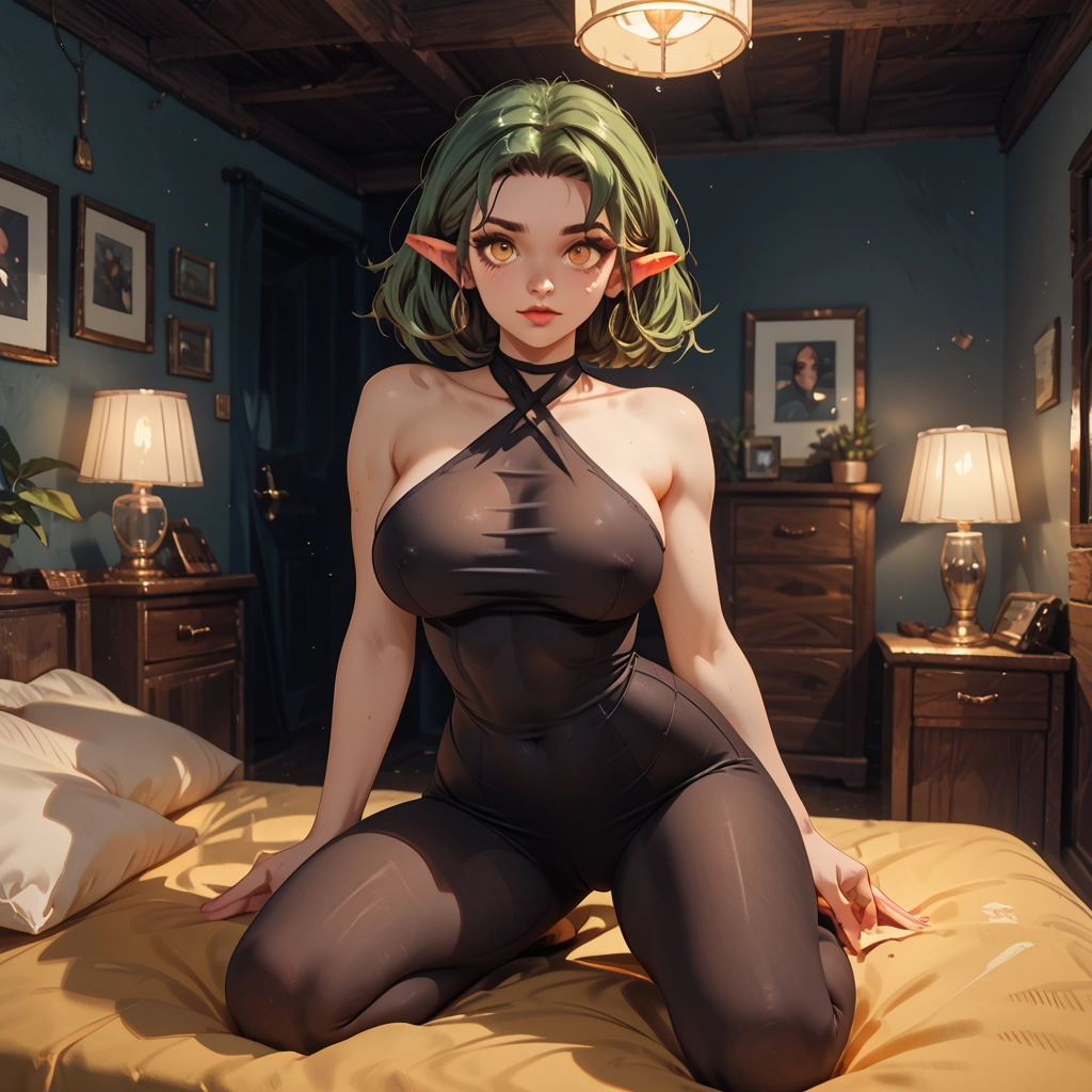 1girl, breasts, pointy ears, green hair, solo, covered nipples